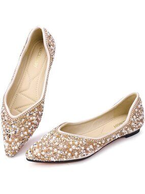〽️Women's Gold Rhinestone Flats Pointed Toe Pearl Diamond Low Heel Ballet Shoes